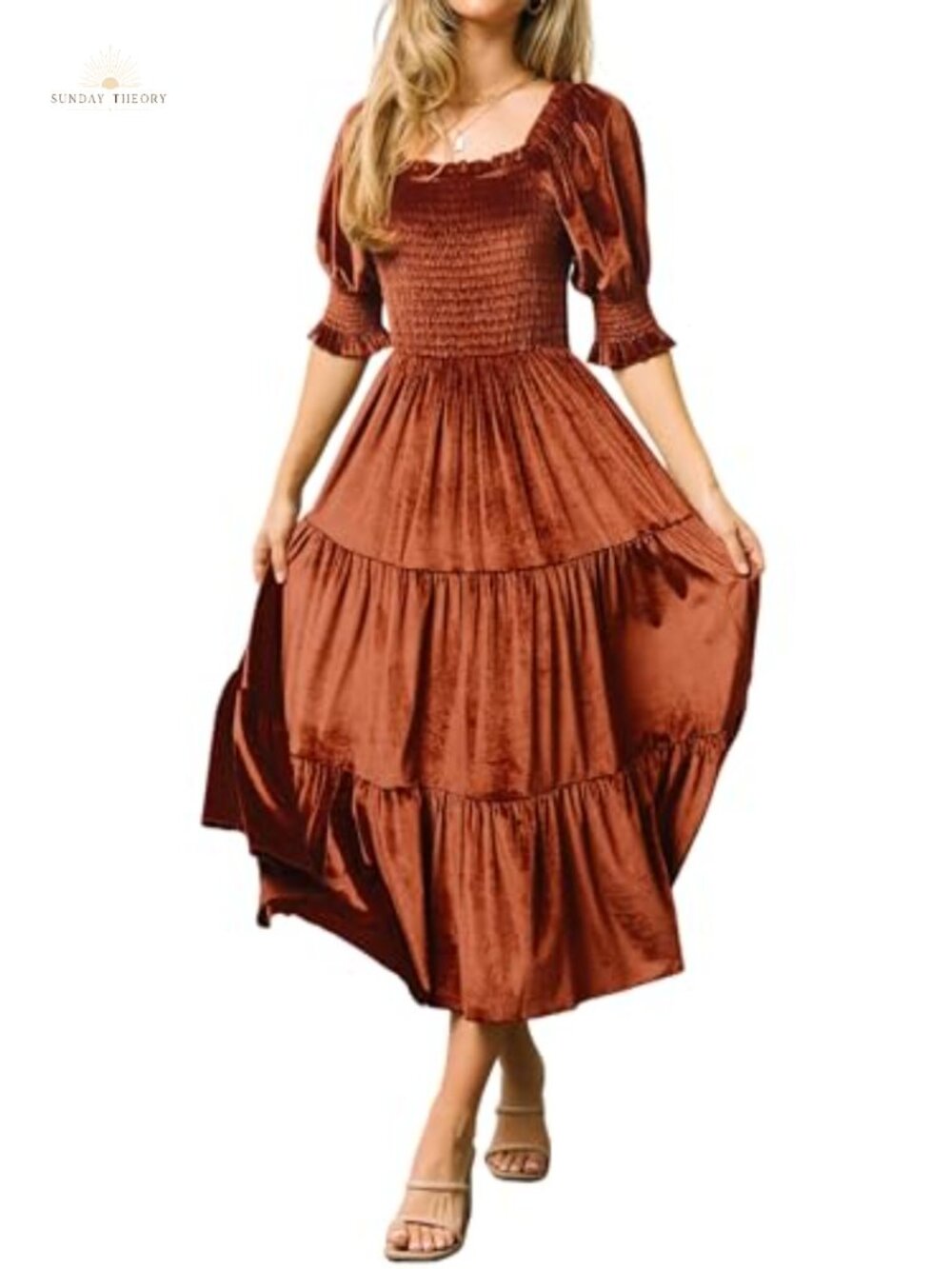 Velvet Midi Dress Puff Sleeve Square Neck Smocked Tiered Ruffle A-Line